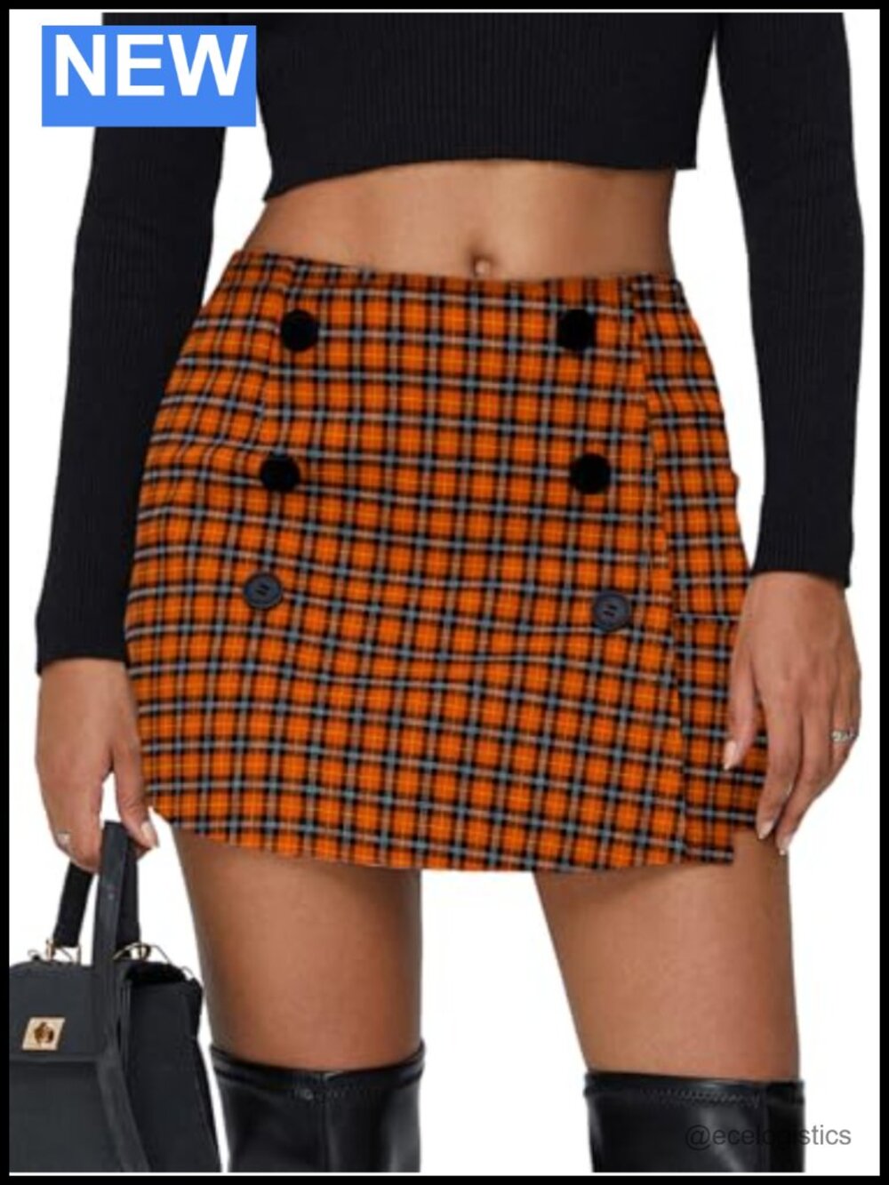 Plaid High Waist Bodycon Mini Skirt with Double Row Button Decoration